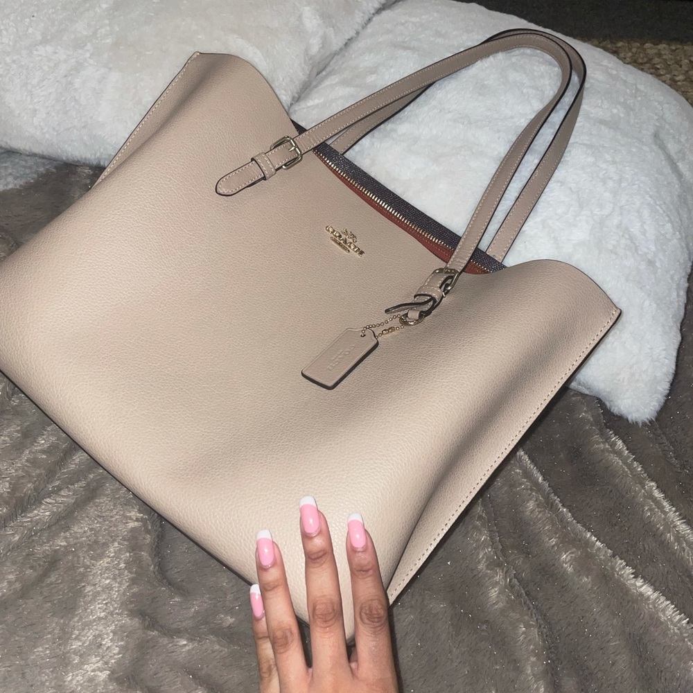 Large Coach Mollie Tote Taupe/Oxblood